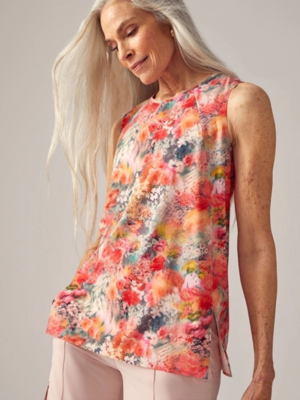 Athleta Refined Zephyr Tank Coral Multi Watercolor Floral Sleeveless